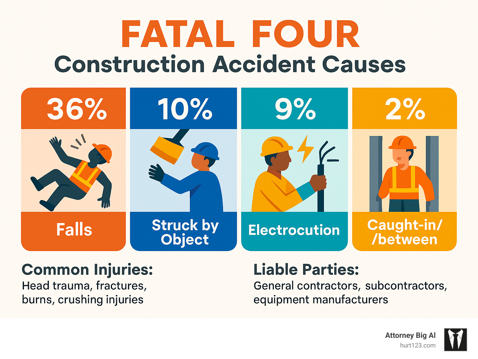 Infographic showing the Fatal Four construction accident causes with percentages: Falls (36%), Struck by Object (10%), Electrocution (9%), and Caught-in/between (2%), with additional information on common injuries and liable parties - Construction accident attorney Hollywood infographic