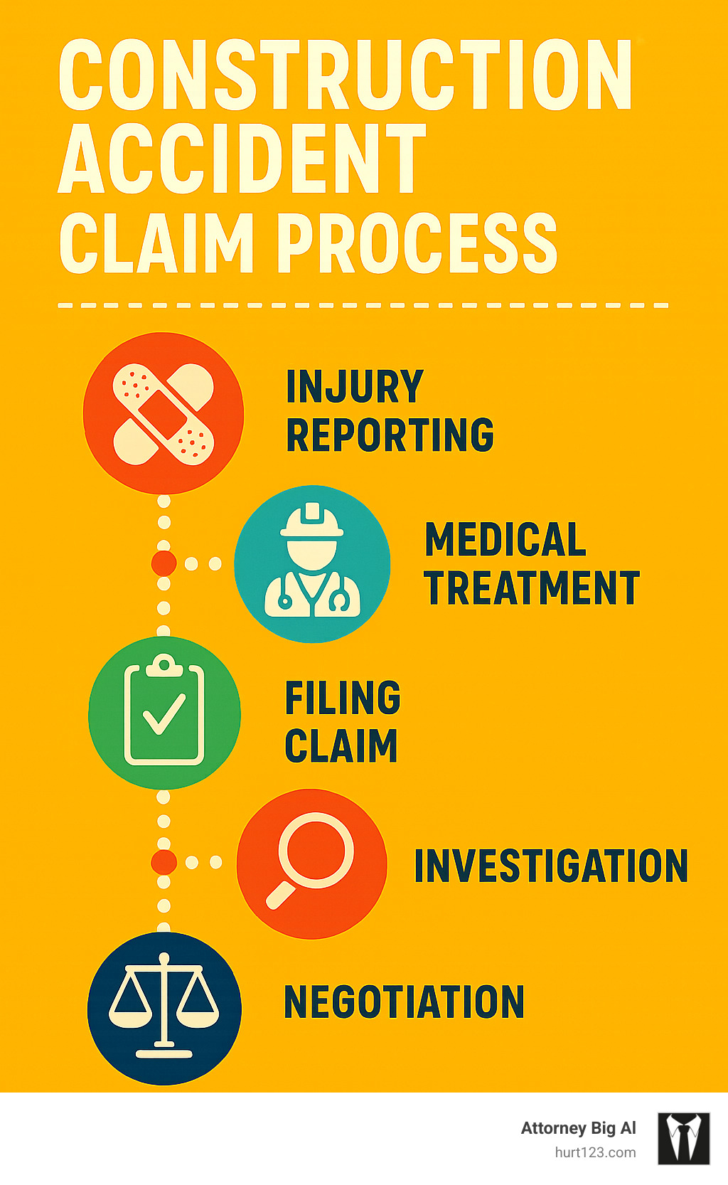 Timeline infographic showing construction accident claim process from injury reporting through settlement or trial - Construction accident attorney Hollywood infographic