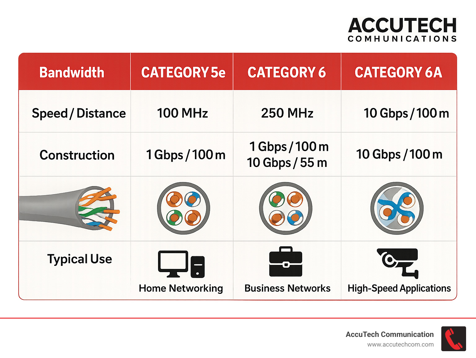 Comparison chart showing bandwidth, speed, and distance specifications for Category 5e vs Category 6 vs Category 6A cable, with visual representation of internal cable construction differences and typical use cases for each category - category 6 cable infographic