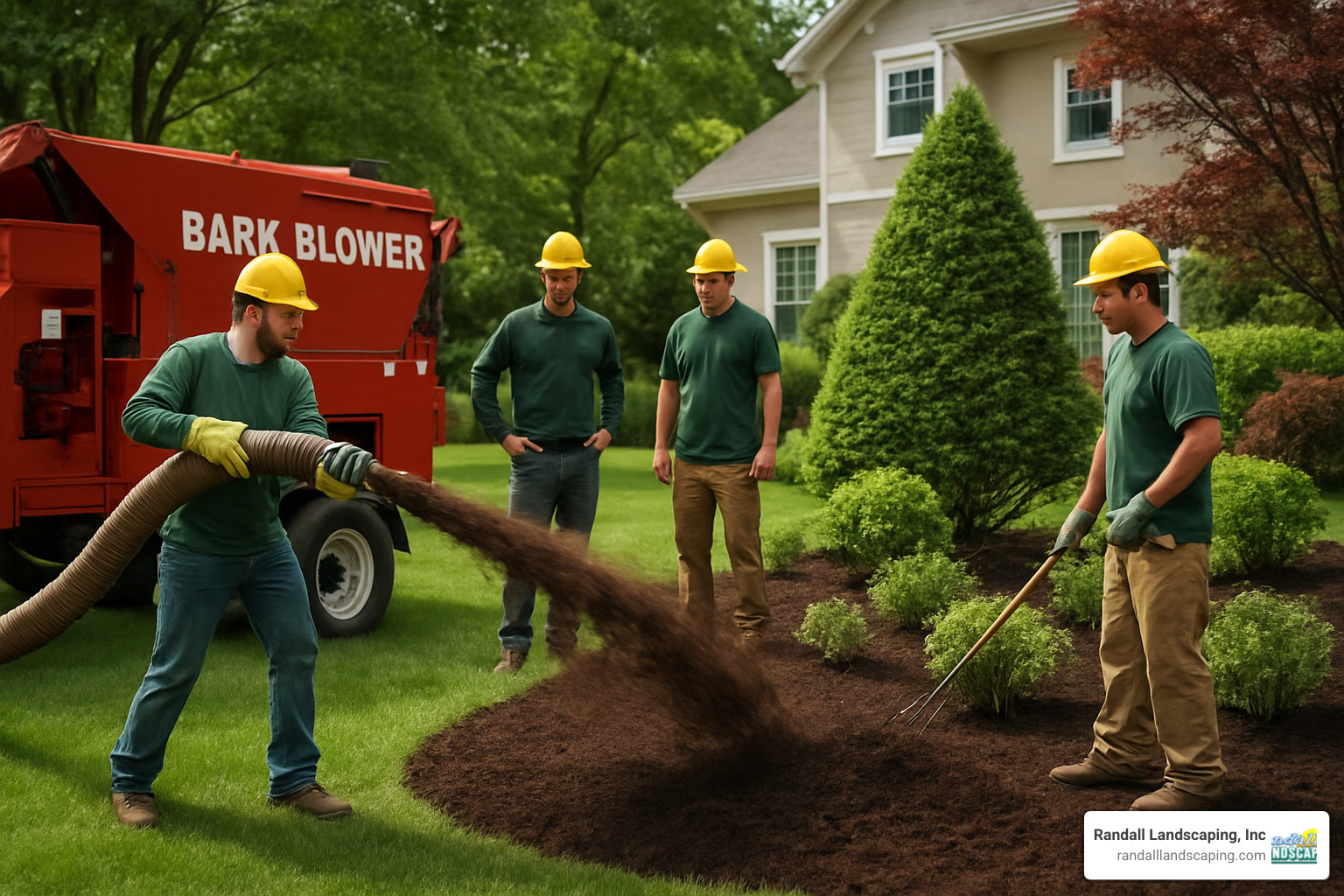 landscaping crew applying mulch with a bark blower - Mulch and edging services