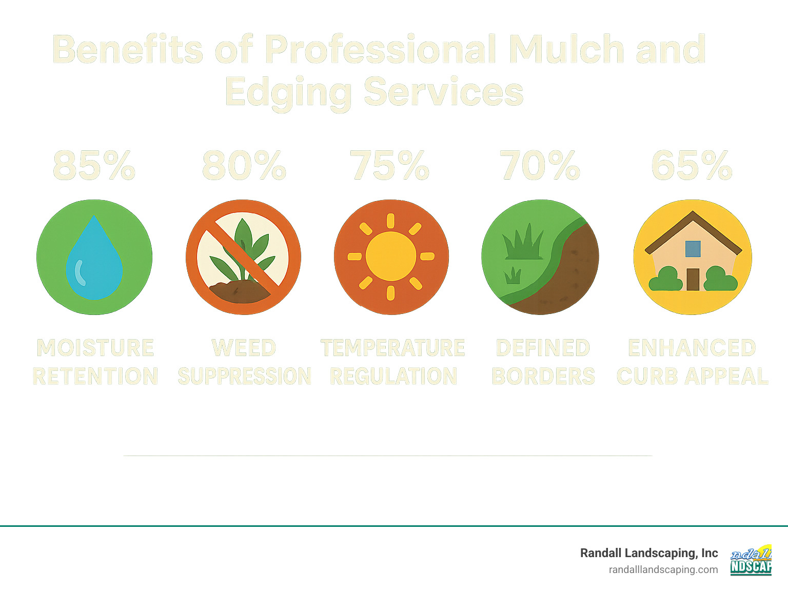 Benefits of professional mulch and edging services showing moisture retention, weed suppression, temperature regulation, defined borders, and improved curb appeal with corresponding percentages - Mulch and edging services infographic
