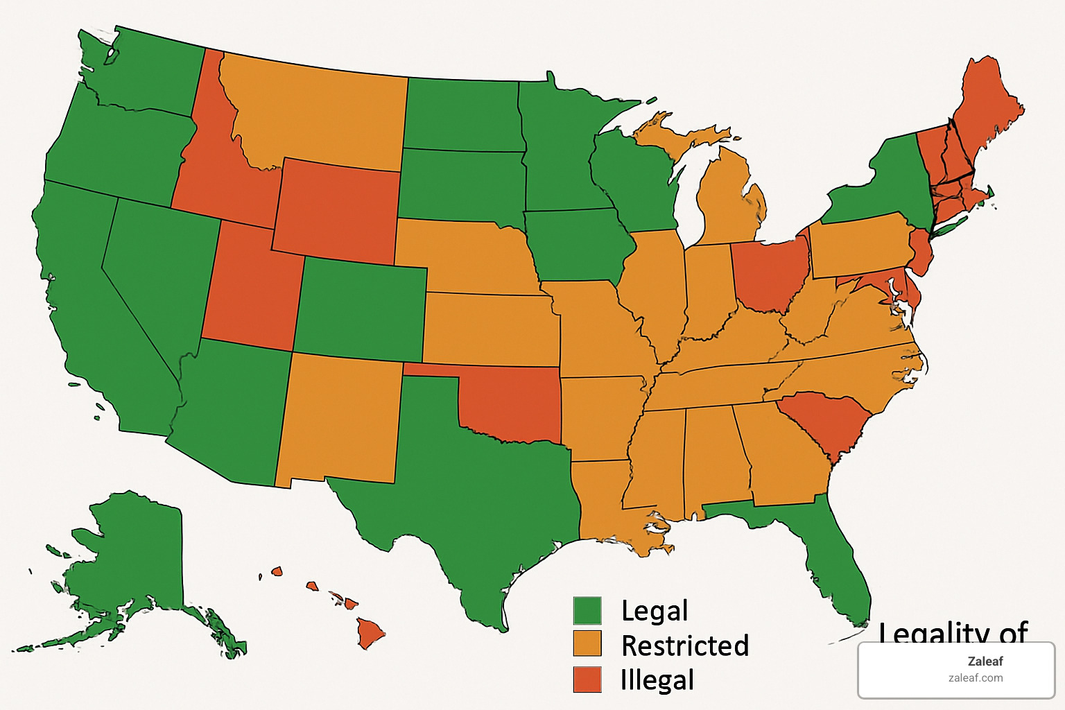 US map color-coded by Delta 8 legality across states - Delta 8 no ID