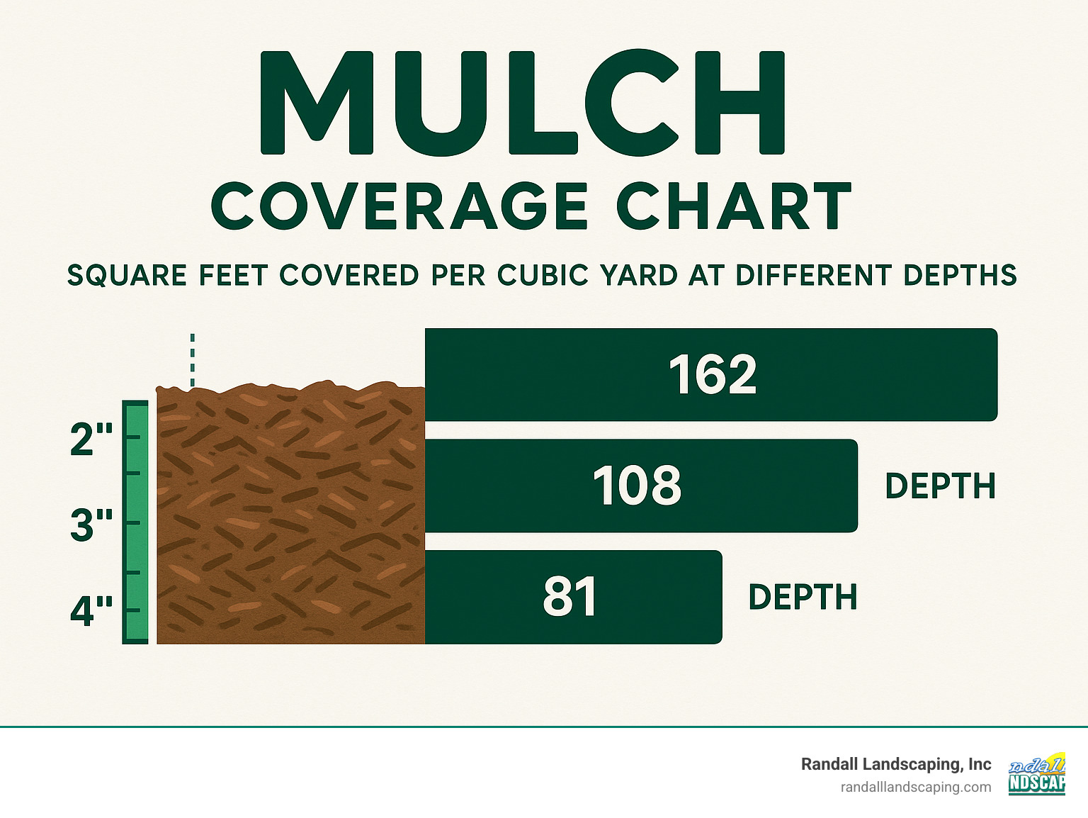 Mulch coverage chart showing square feet covered per cubic yard at different depths - Mulch and edging services infographic