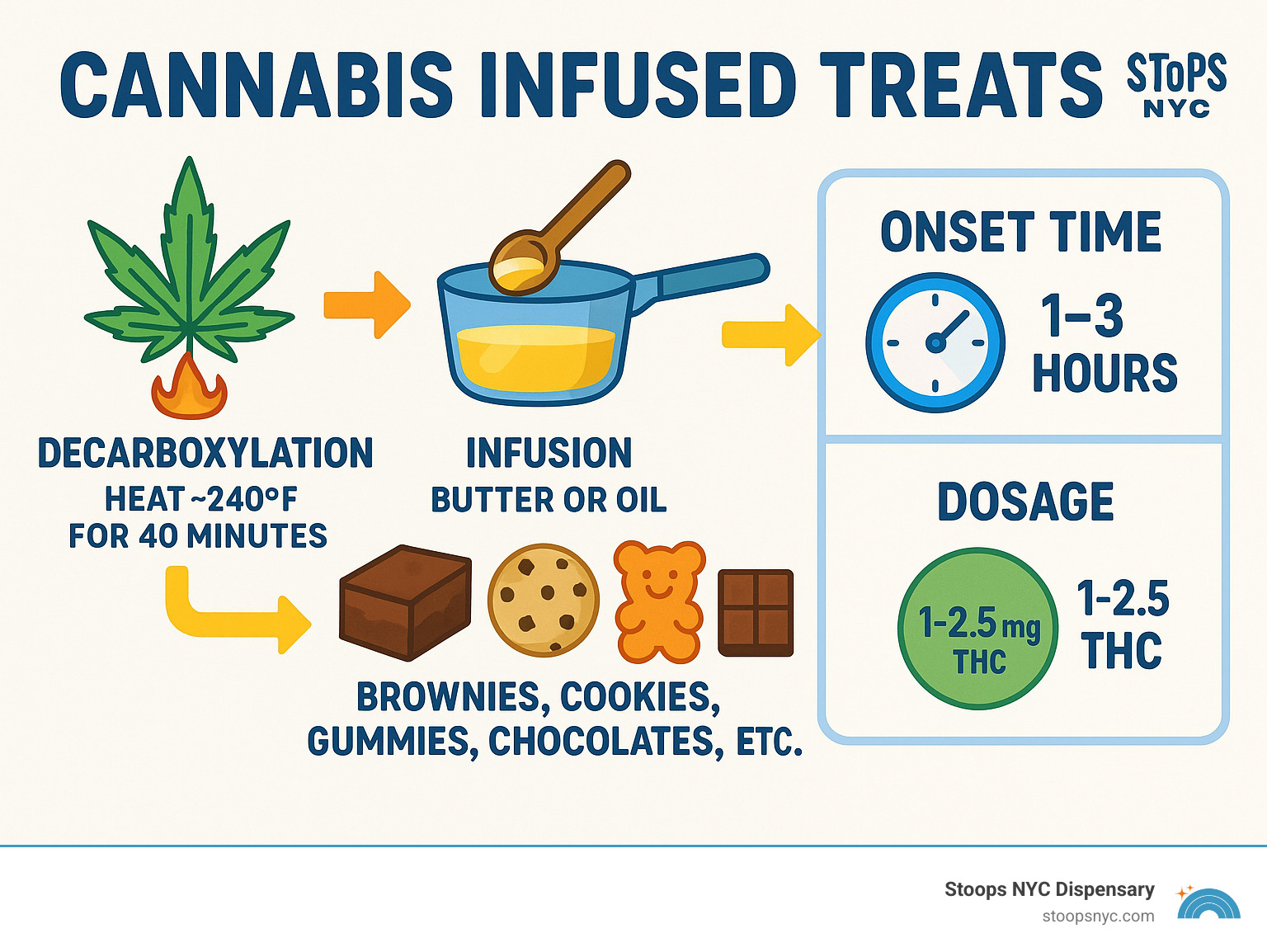 Detailed infographic showing the process of cannabis decarboxylation, infusion into butter or oil, and incorporation into various treats with onset times and dosage recommendations - cannabis infused treats infographic