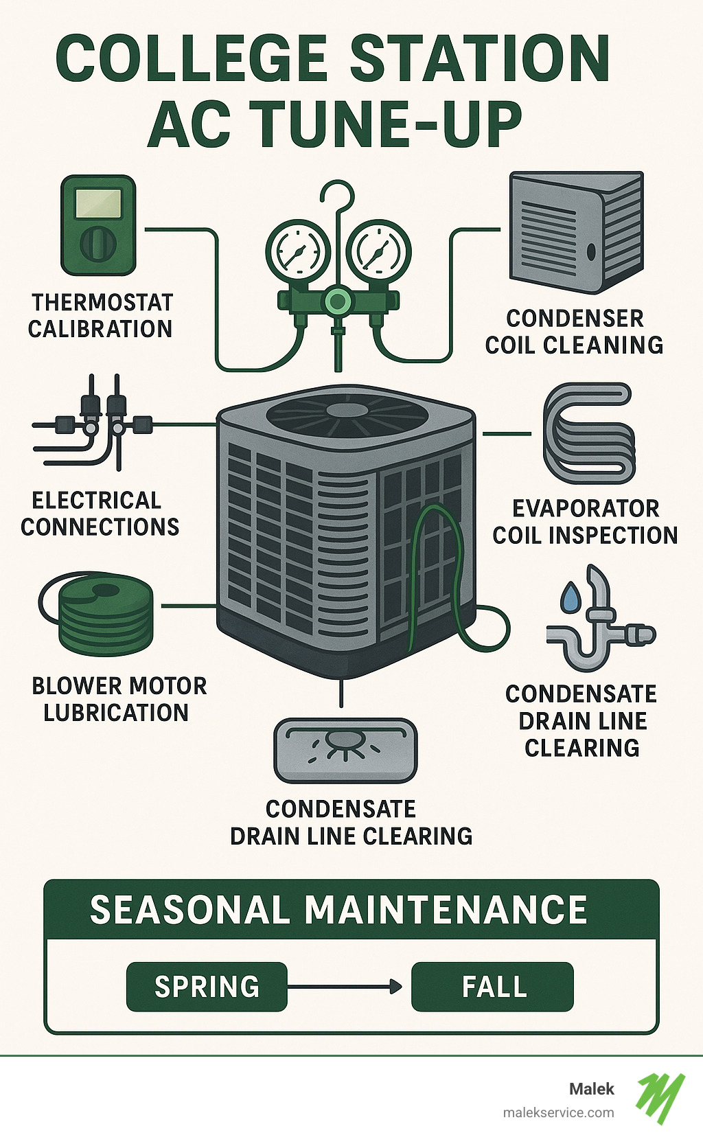 Detailed infographic showing the components checked during a College Station AC tune-up including thermostat calibration, electrical connections, refrigerant levels, condenser coil cleaning, evaporator coil inspection, blower motor lubrication, and condensate drain line clearing with accompanying seasonal maintenance timeline - College Station AC tune-up infographic 