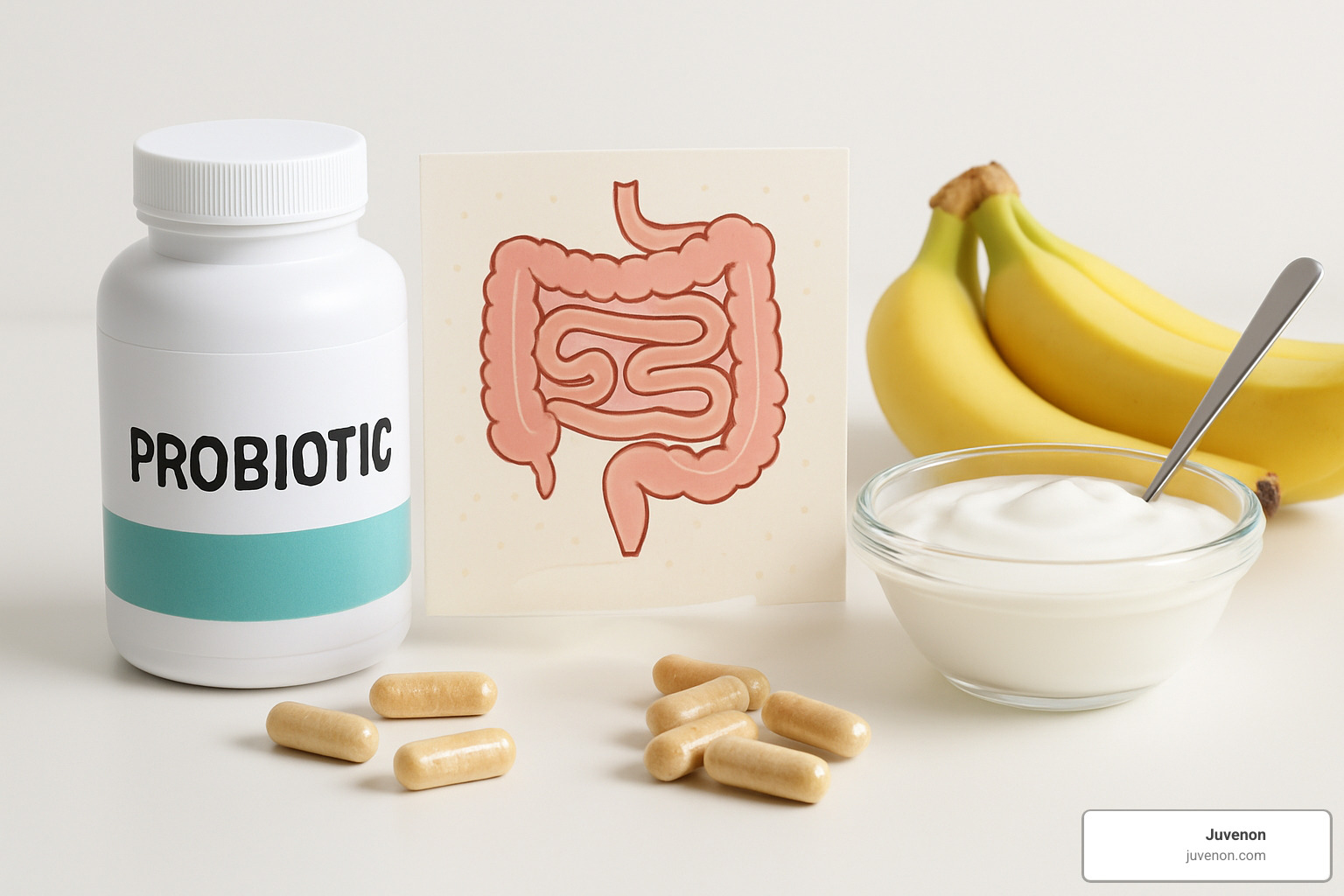 probiotics and prebiotics supplements with gut health imagery - aging supplements