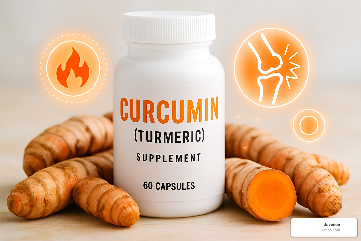 curcumin supplement with turmeric root and anti-inflammatory imagery - aging supplements