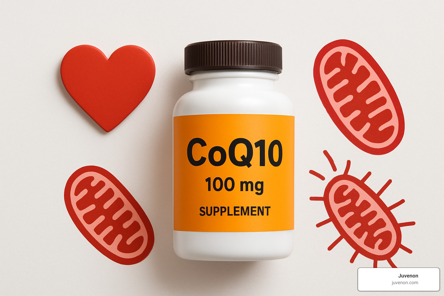 CoQ10 supplement with heart and cellular energy imagery - aging supplements
