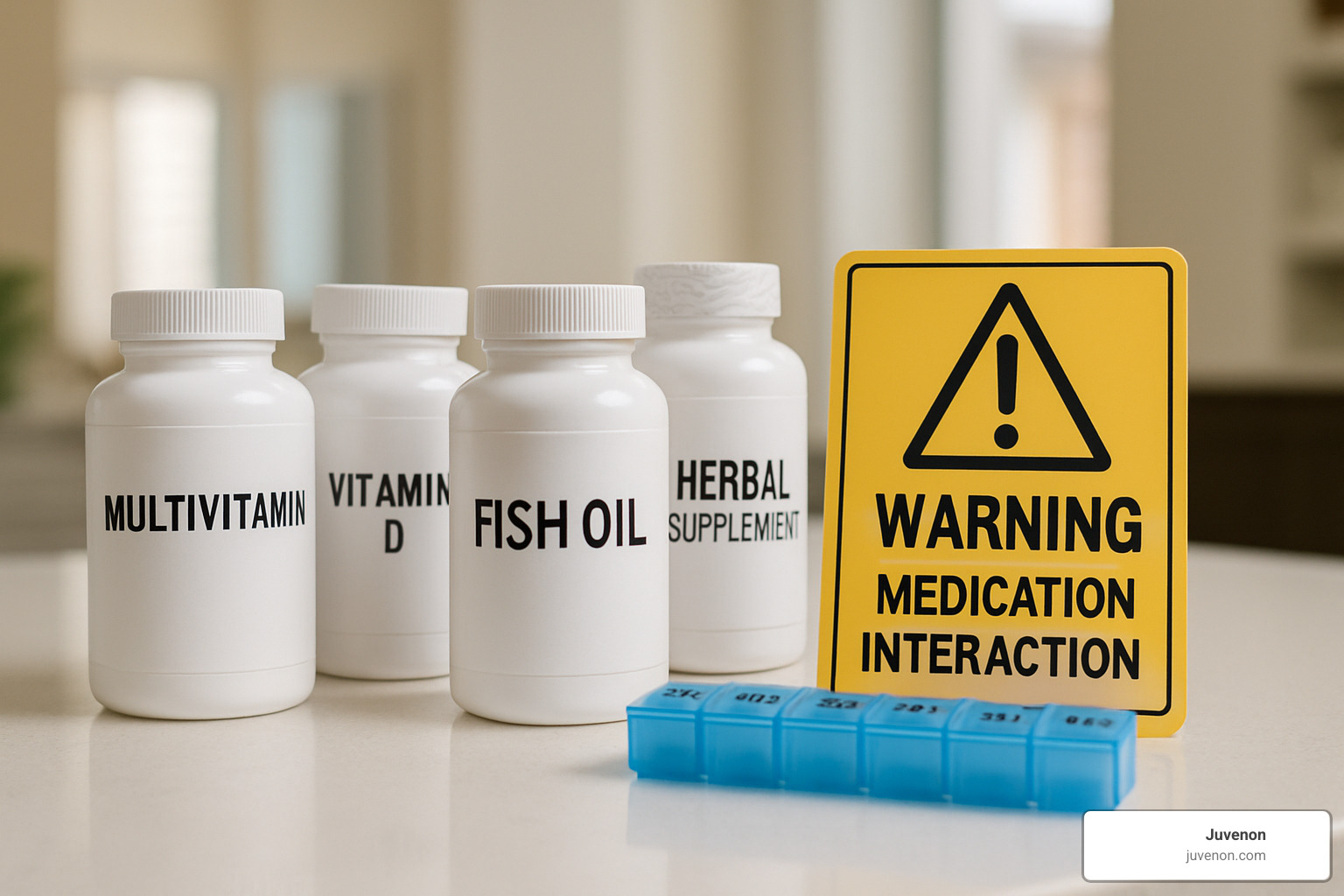 safety precautions with supplement bottles and medication interaction warning - aging supplements