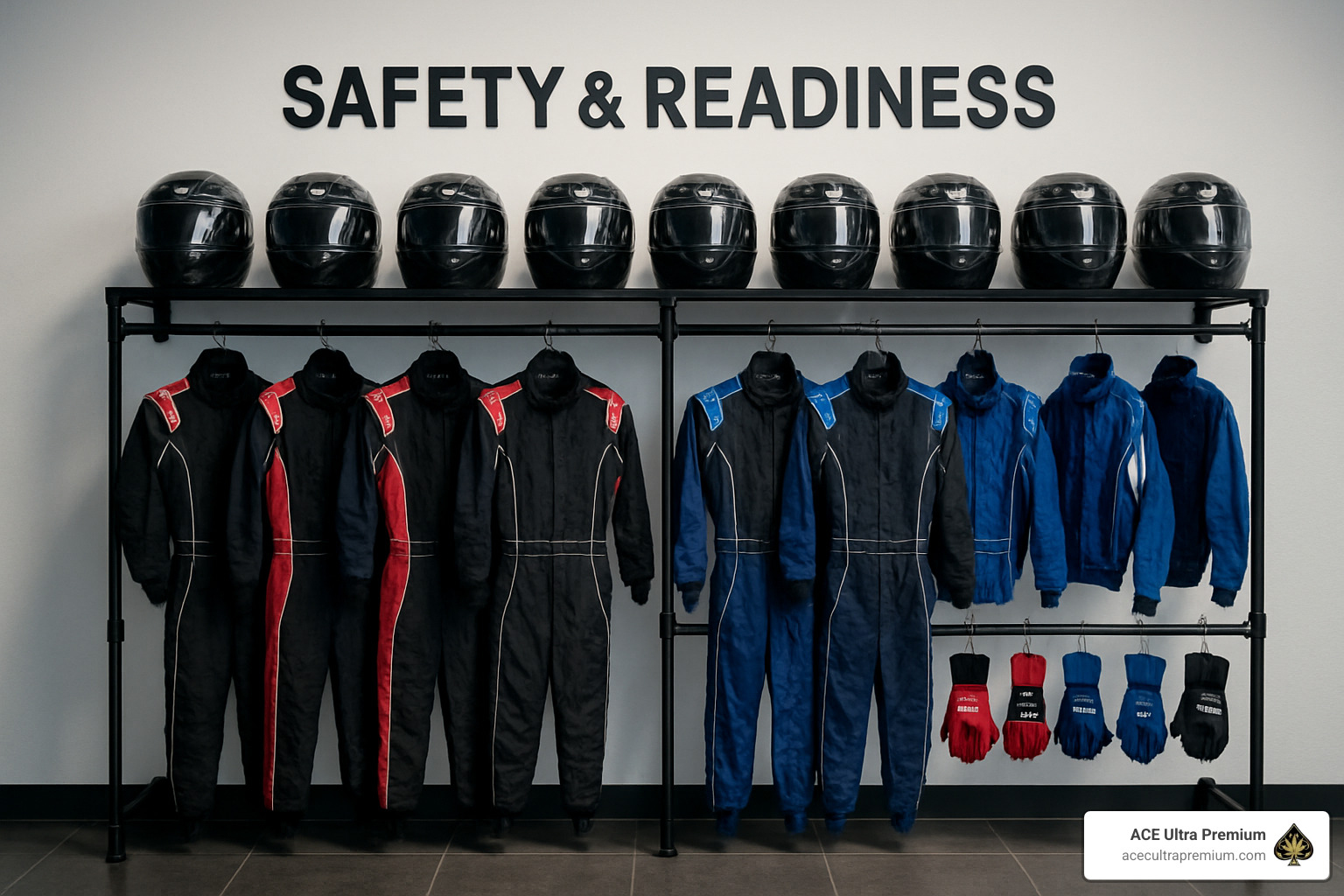 Safety gear rack at Ace Karts - ace karts