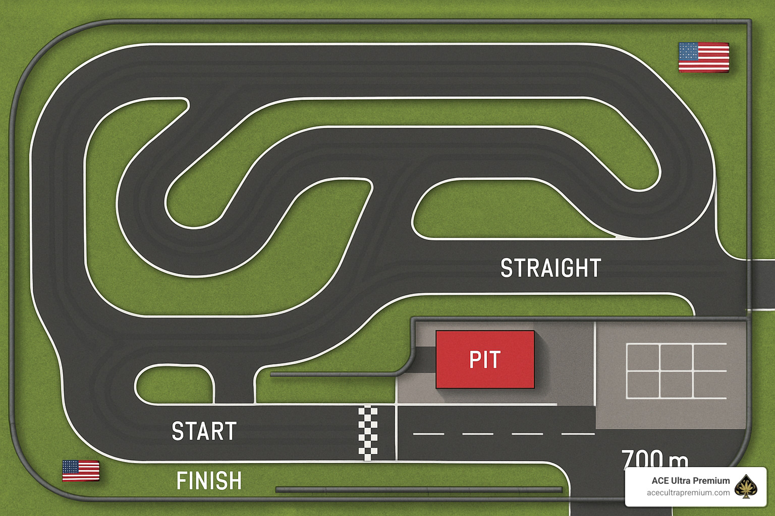 Ace Karts track map showing the 700m circuit layout - ace karts