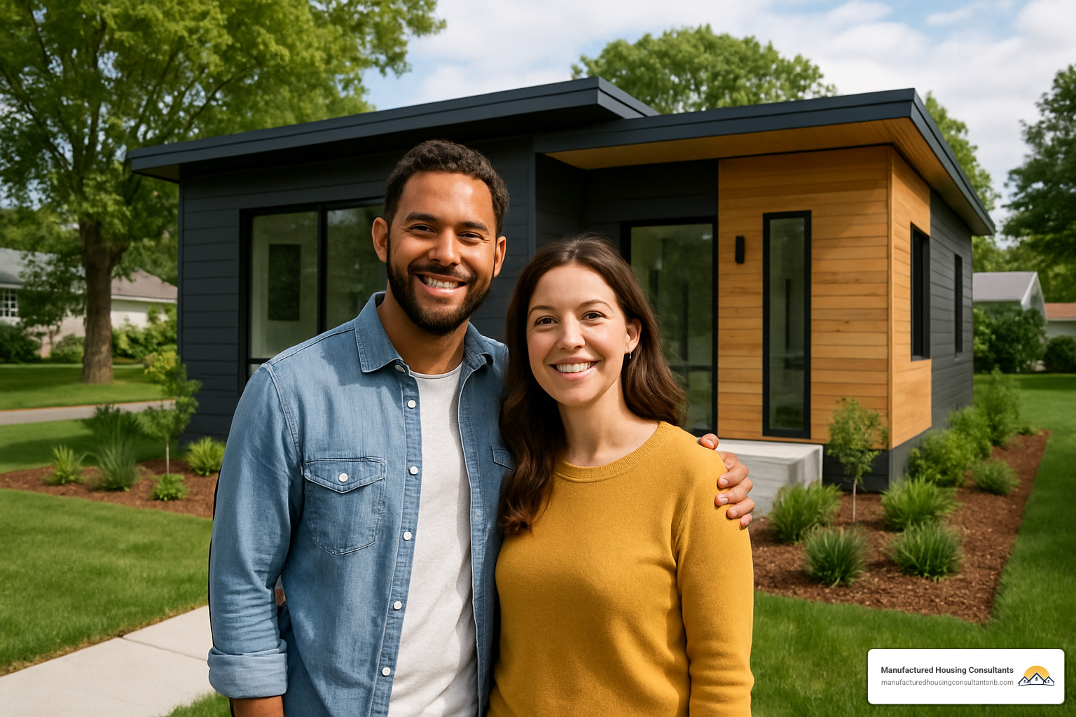 Happy homeowners in front of their new prefab home - affordable prefab houses