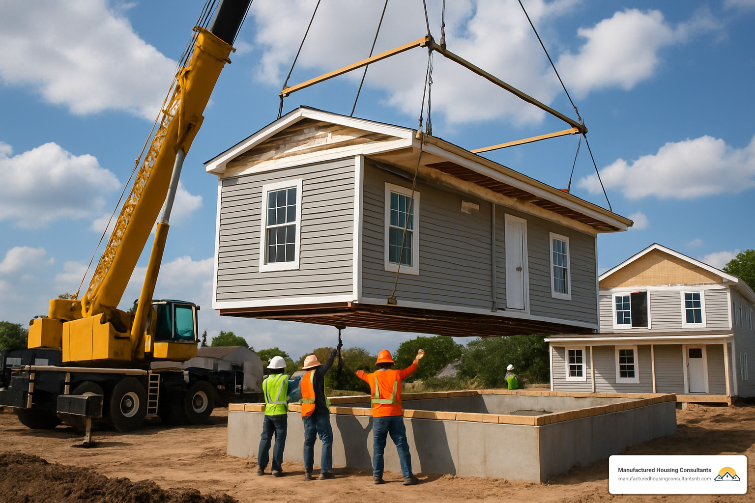 Crane setting modular home sections - affordable prefab houses