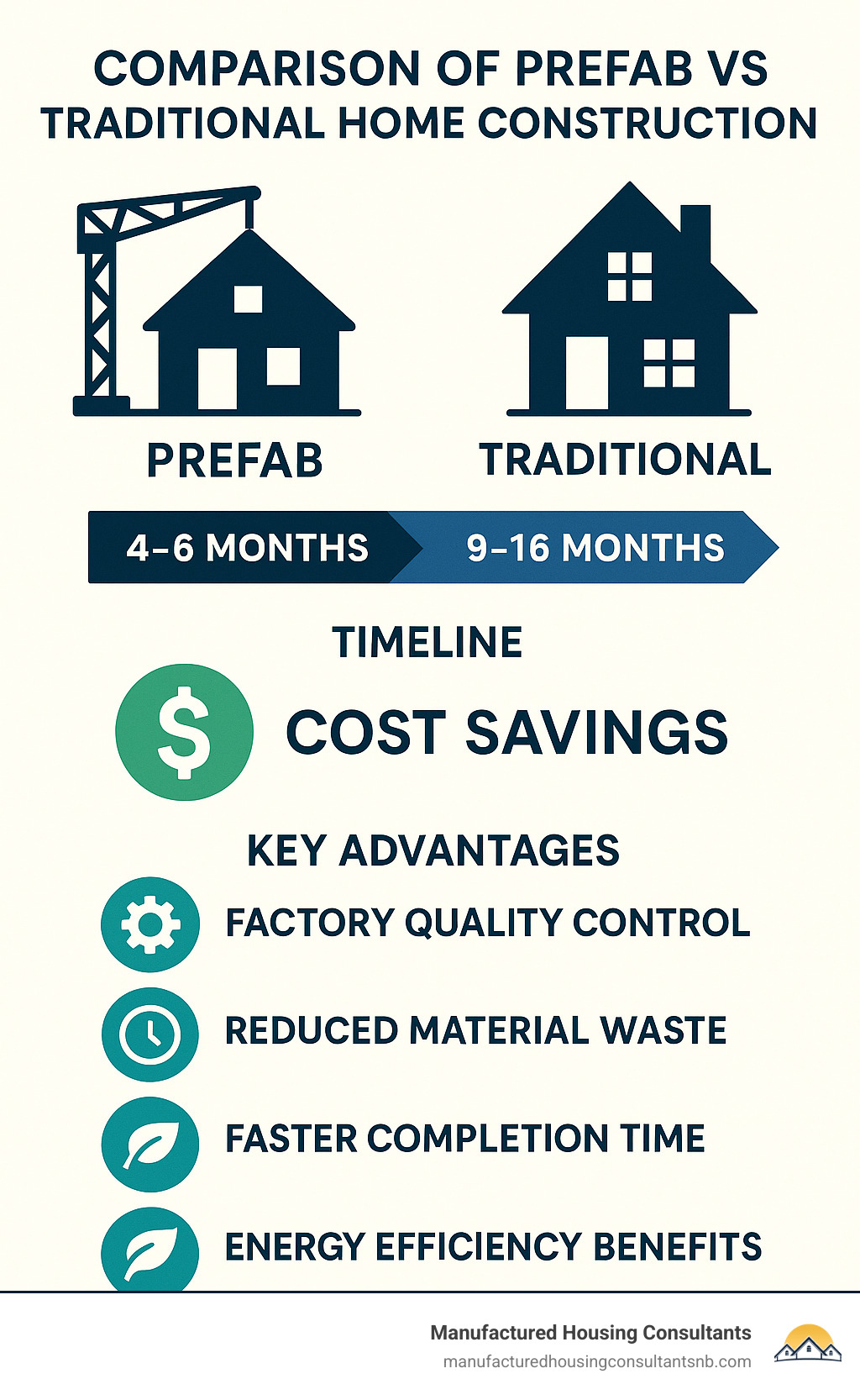 Comparison of prefab vs traditional home construction showing timeline differences, cost savings, and key advantages including factory quality control, reduced material waste, faster completion time, and energy efficiency benefits - affordable prefab houses infographic 