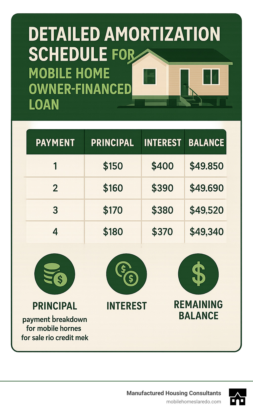 Detailed amortization schedule showing payment breakdown for a mobile home owner-financed loan - mobile homes for sale no credit check infographic Detailed amortization schedule showing payment breakdown for a mobile home owner-financed loan - mobile homes for sale no credit check infographic