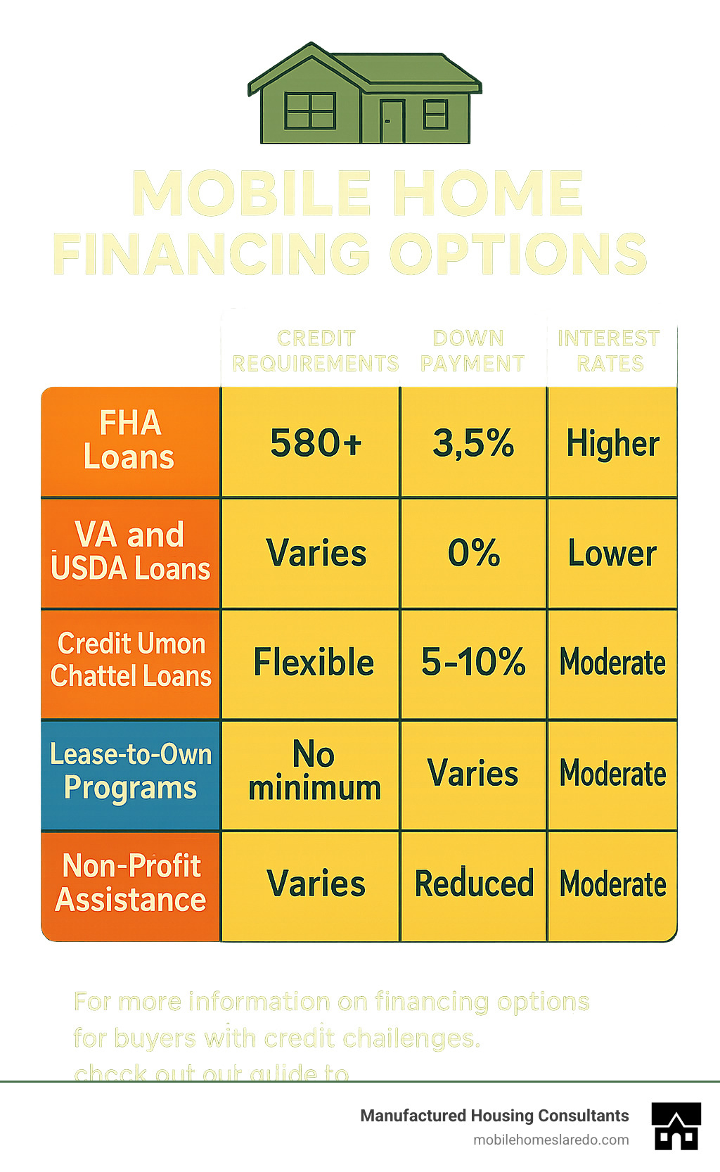 Mobile home financing options comparison chart showing credit requirements, down payments, and interest rates - mobile homes for sale no credit check infographic Mobile home financing options comparison chart showing credit requirements, down payments, and interest rates - mobile homes for sale no credit check infographic