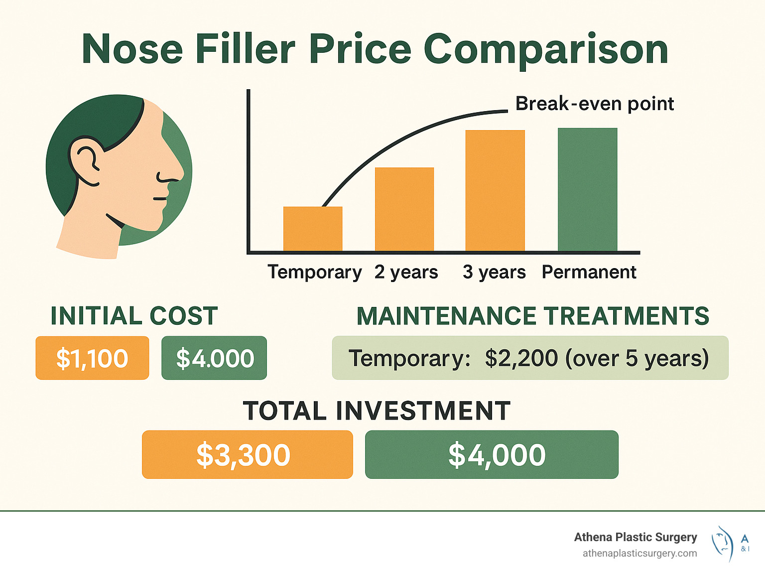 The Real Deal on Nose Filler Prices (No Pinocchio Noses Here!) 1 Nose filler price comparison showing temporary vs permanent options over 5 years, including initial costs, maintenance treatments, and total investment for both options with a break-even point at approximately 3 years - nose filler price infographic