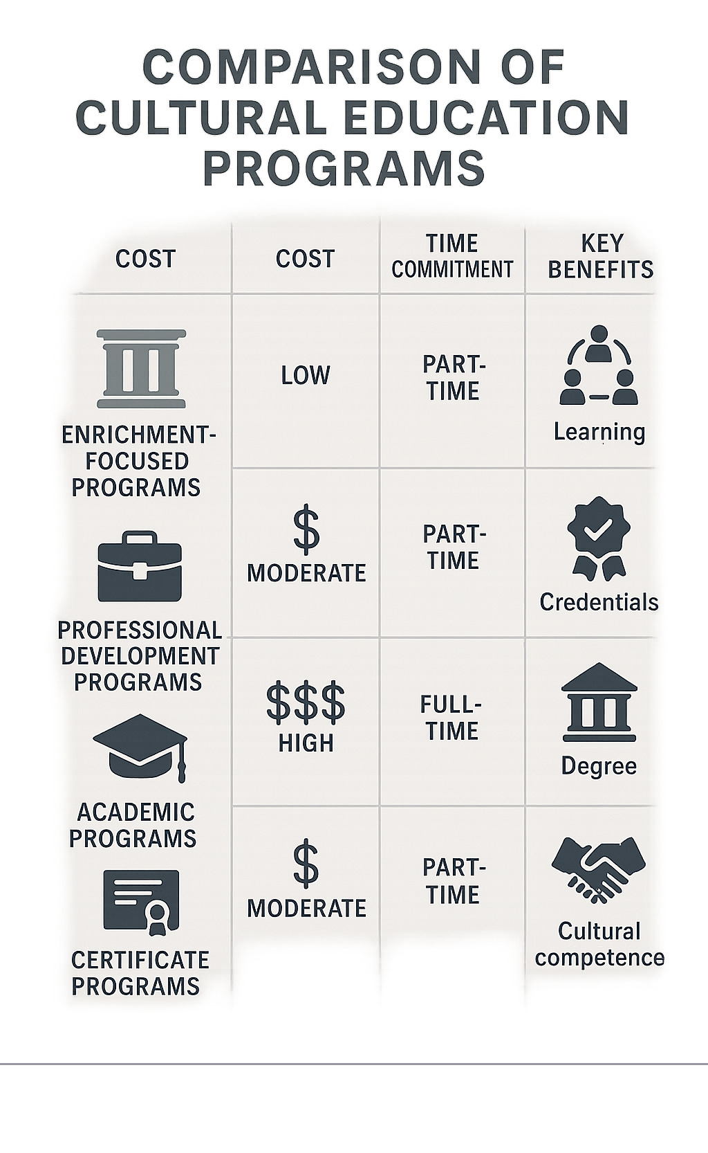 Comparison of different cultural education programs showing cost, time commitment, and key benefits - cultural education programs for adults infographic 