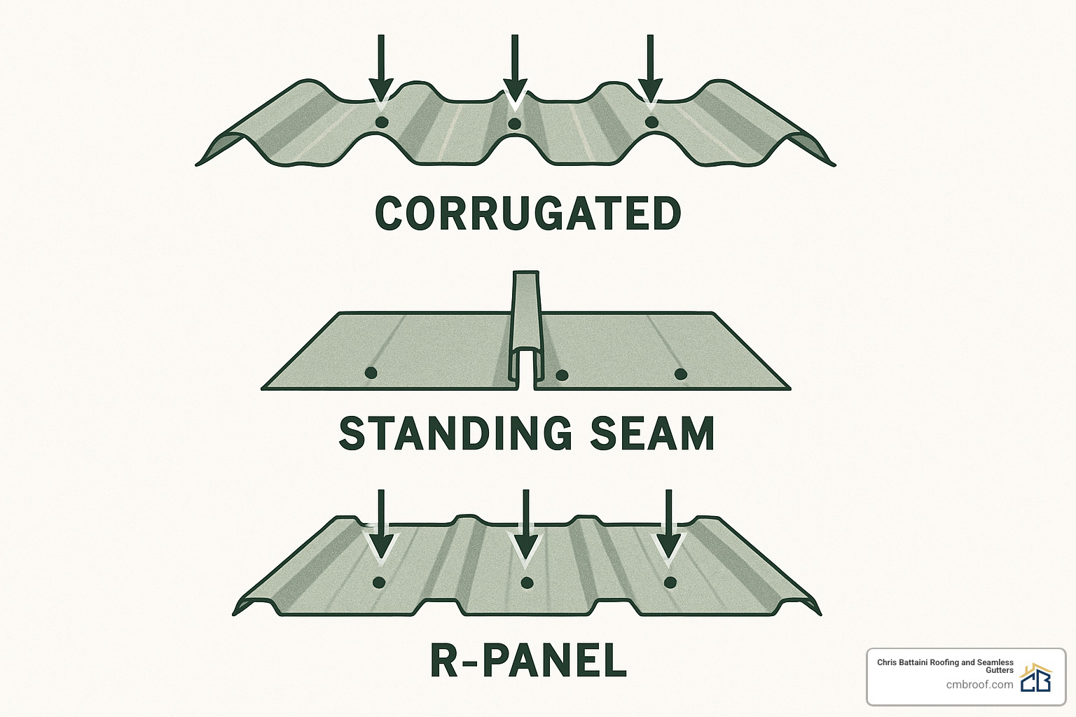 Different metal roof panel profiles showing corrugated, standing seam, and R-panel types with fastener locations marked - attaching metal roofing