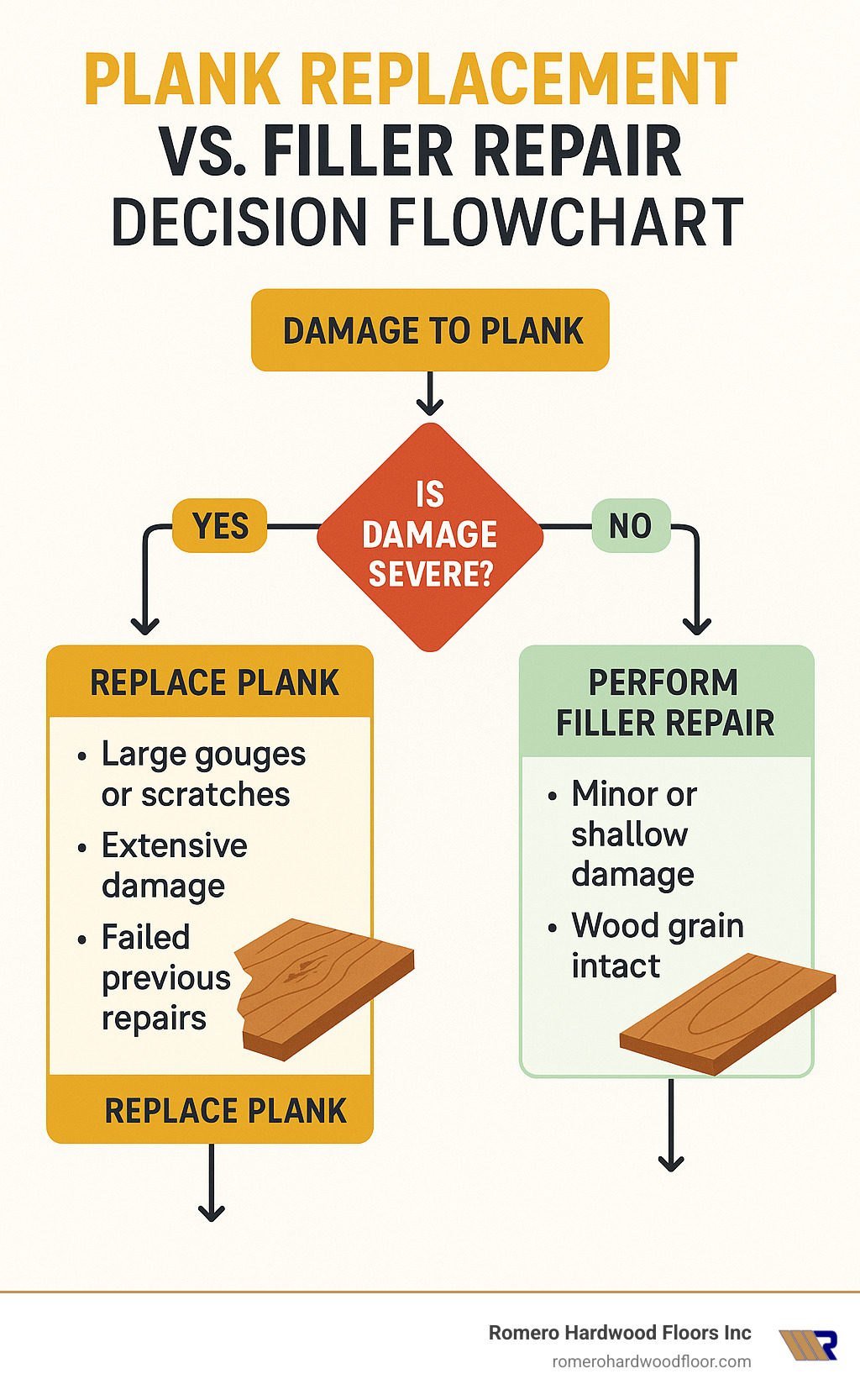 Plank replacement versus filler repair decision flowchart - fixing scratches on fake wood infographic 