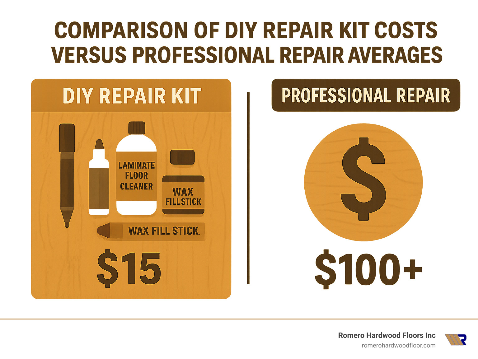 Comparison of DIY repair kit costs versus professional repair averages - fixing scratches on fake wood infographic 