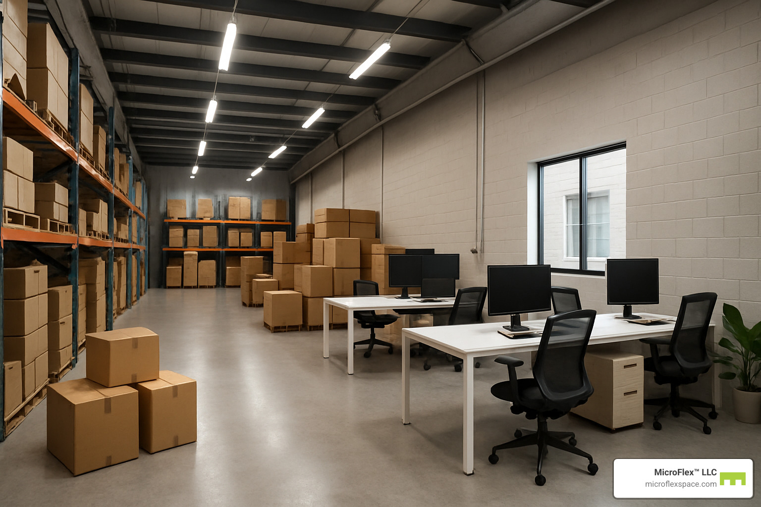 warehouse flex space with combined storage and office areas - Short term commercial rentals