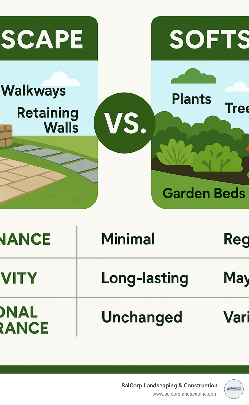 Comparison of hardscape vs softscape elements showing patios, walkways and retaining walls contrasted with plants, trees and garden beds, with notes on maintenance requirements, longevity, and seasonal appearance - what is hardscape construction infographic 