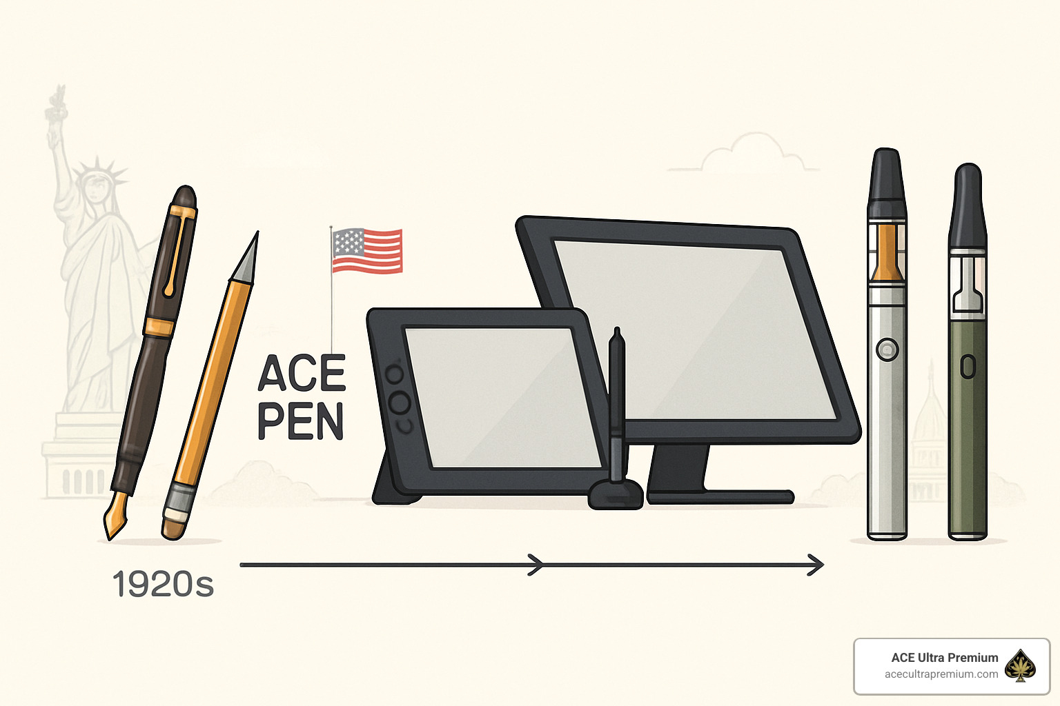 Timeline showing evolution of Ace Pen from writing instruments in 1925 to modern vape pens and digital tablets - ace pen
