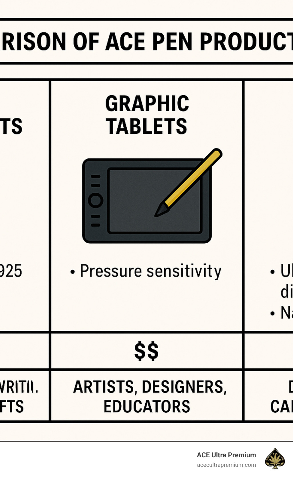 Comparison of Ace Pen product lines showing writing instruments, graphic tablets and vape pens with their features, price points and target customers - ace pen infographic 