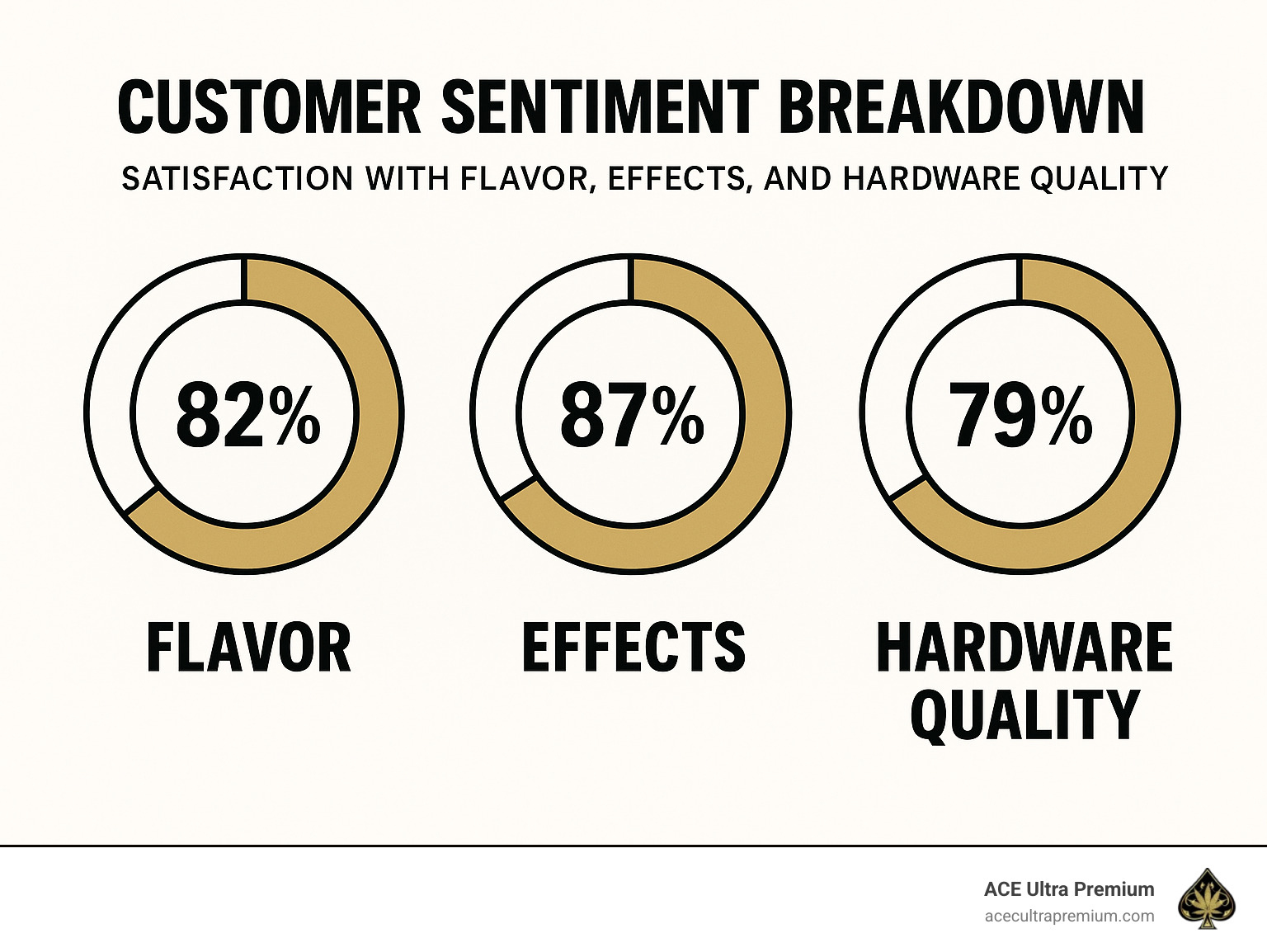 Customer sentiment breakdown showing satisfaction with flavor, effects, and hardware quality - ace ultra premium where to buy infographic 