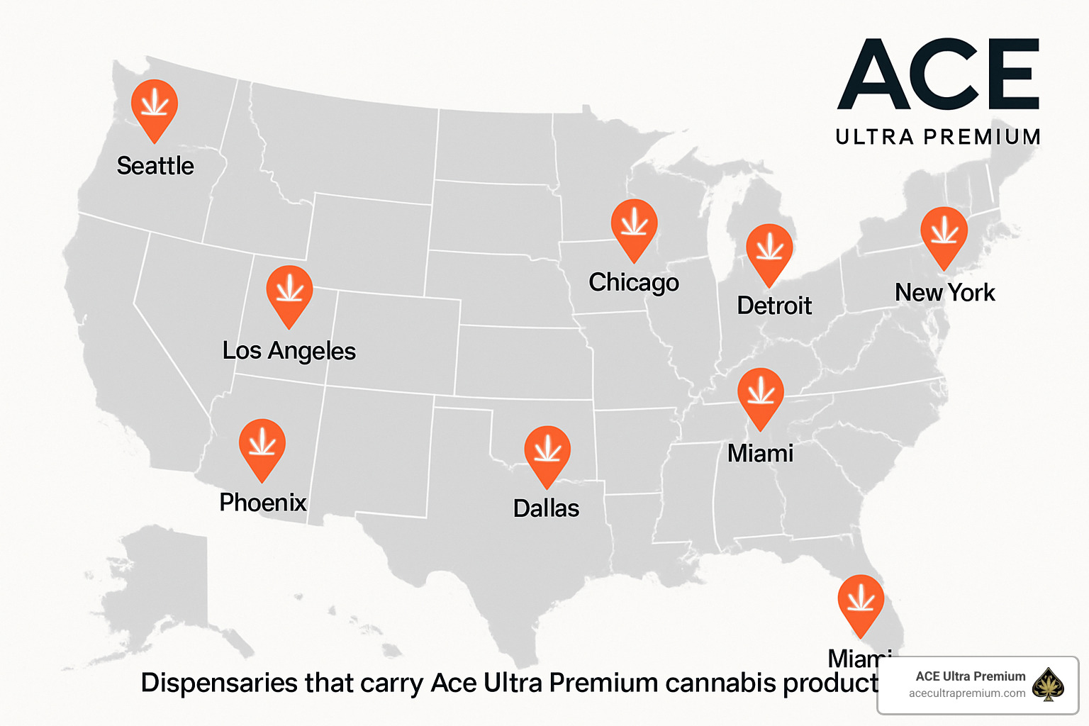 Map showing dispensaries that carry Ace Ultra Premium products - ace ultra premium where to buy