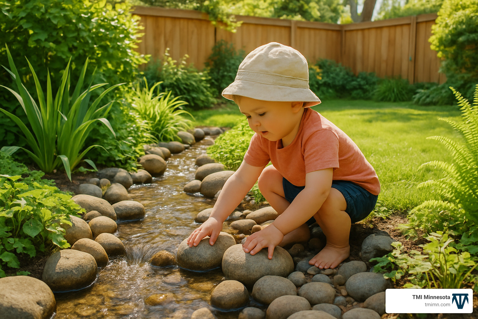 16dc8a097714e963918a9ef8e01edfcbcec971b5 Garden of Imagination: Designing a Children's Discovery Space Discover children's garden design ideas for fun, learning, and family bonding. Create a safe, playful backyard adventure today! Child playing at a small backyard stream with smooth stones - children's garden design ideas
