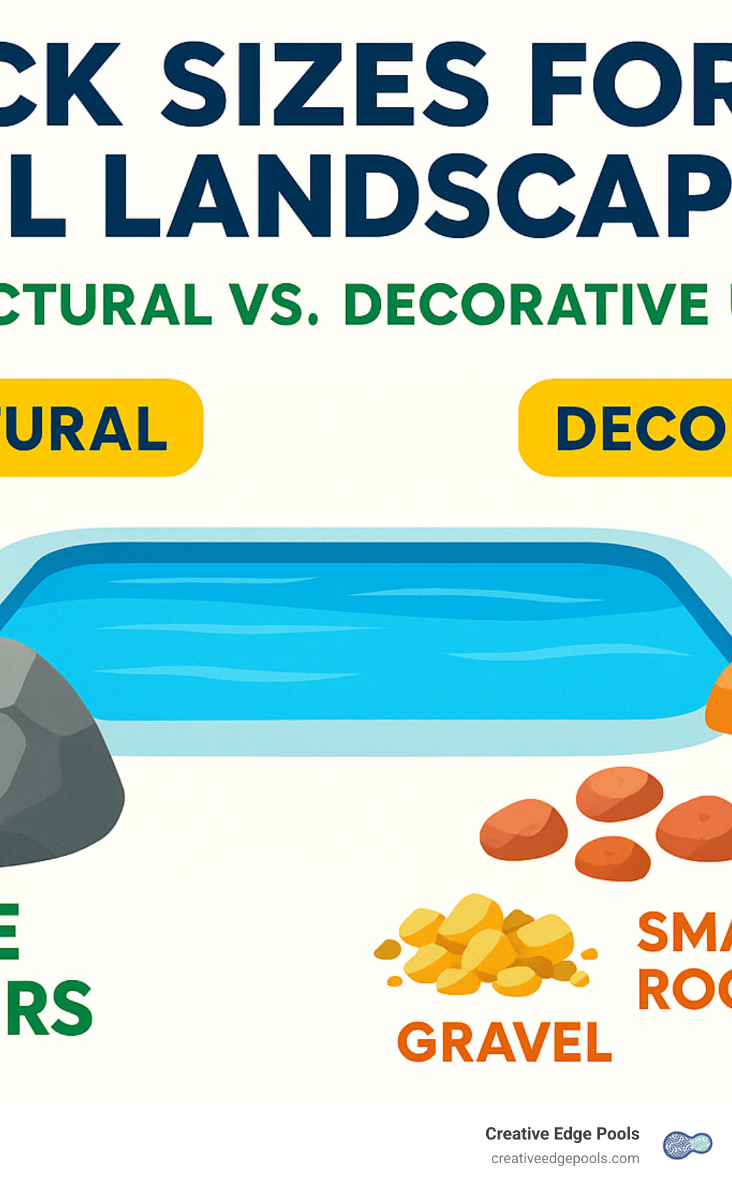 Diagram showing different rock sizes for structural vs decorative use in pool landscaping - inground pool landscaping around pool with rocks infographic 