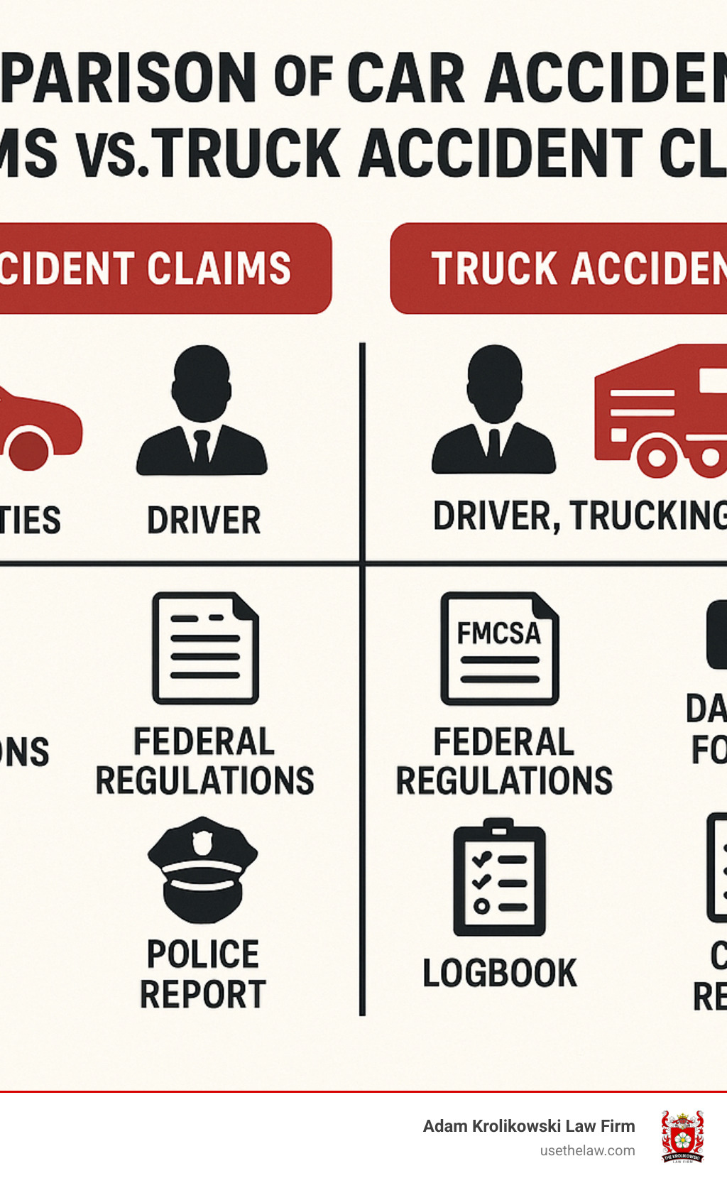Comparison of car accident claims versus truck accident claims showing differences in liable parties, regulations, and evidence types - santa ana trucking accidents attorney infographic 