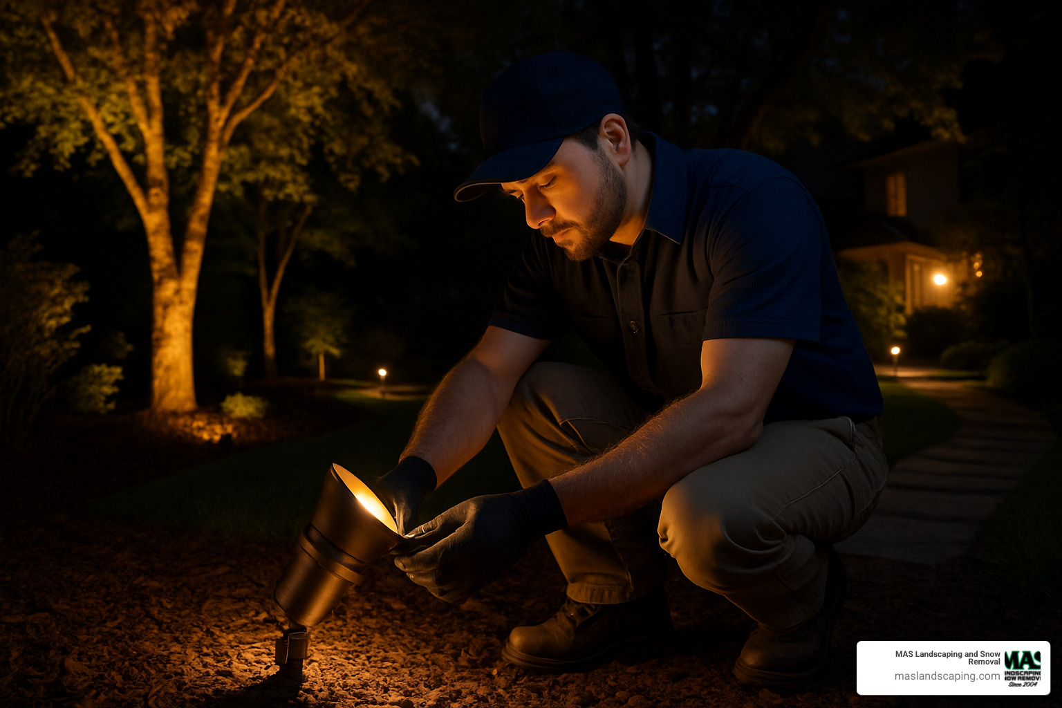 technician adjusting landscape uplight at night - landscape lighting installation services