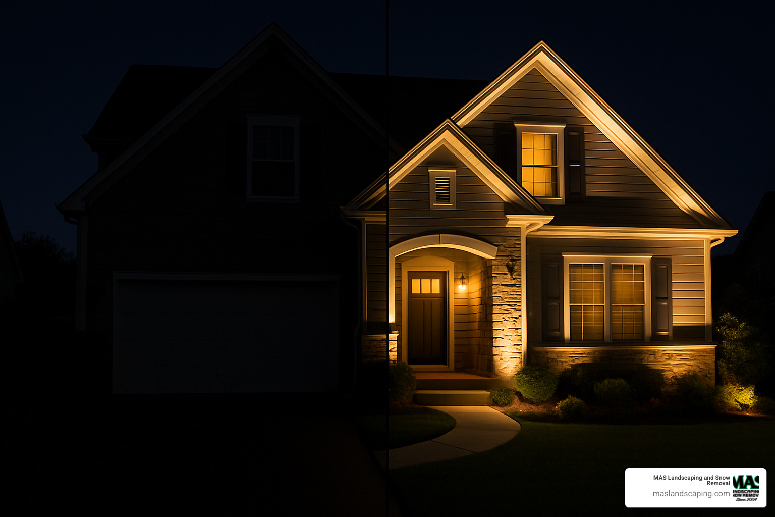before and after landscape lighting on home facade - landscape lighting installation services