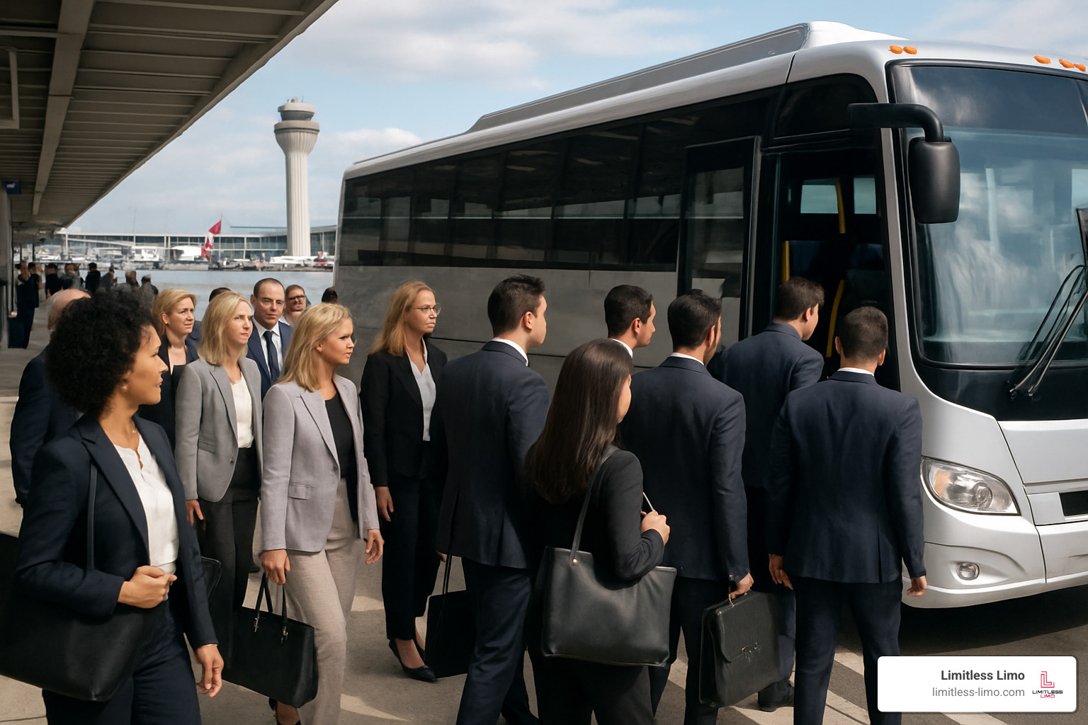 large group boarding a luxury shuttle bus at airport terminal - airport limo near me large group boarding a luxury shuttle bus at airport terminal - airport limo near me