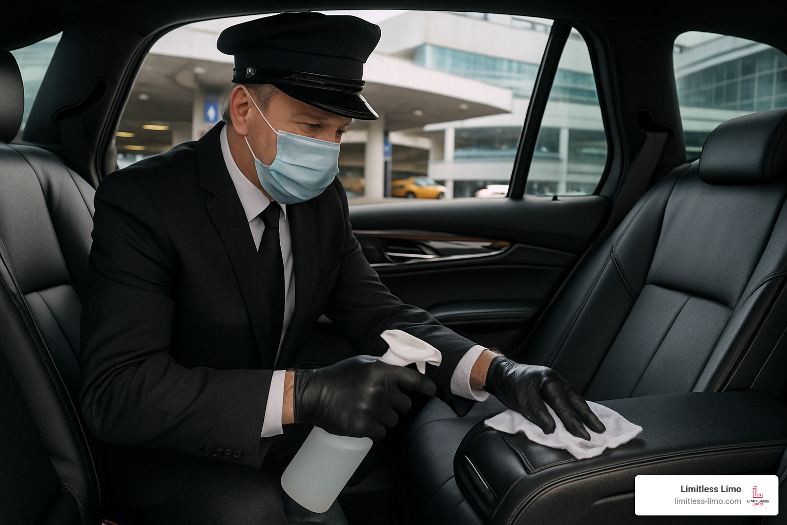 Chauffeur sanitizing luxury vehicle interior between clients - airport limo near me Chauffeur sanitizing luxury vehicle interior between clients - airport limo near me