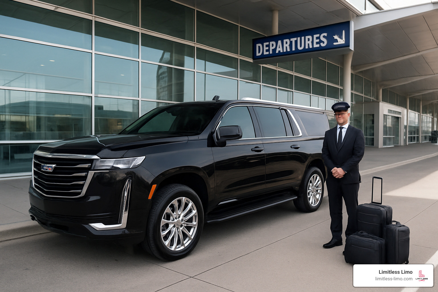 Cadillac Escalade ESV at airport terminal for luxury transportation - airport limo near me Cadillac Escalade ESV at airport terminal for luxury transportation - airport limo near me