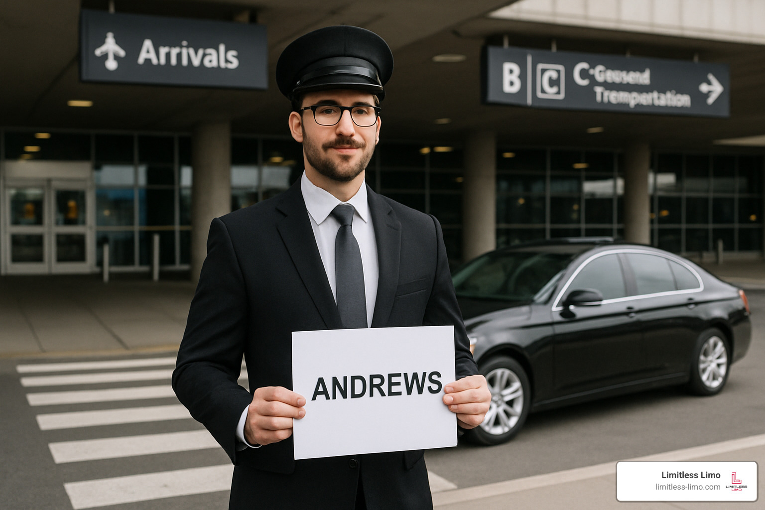 professional chauffeur waiting with sign at airport arrival area - airport limo near me professional chauffeur waiting with sign at airport arrival area - airport limo near me