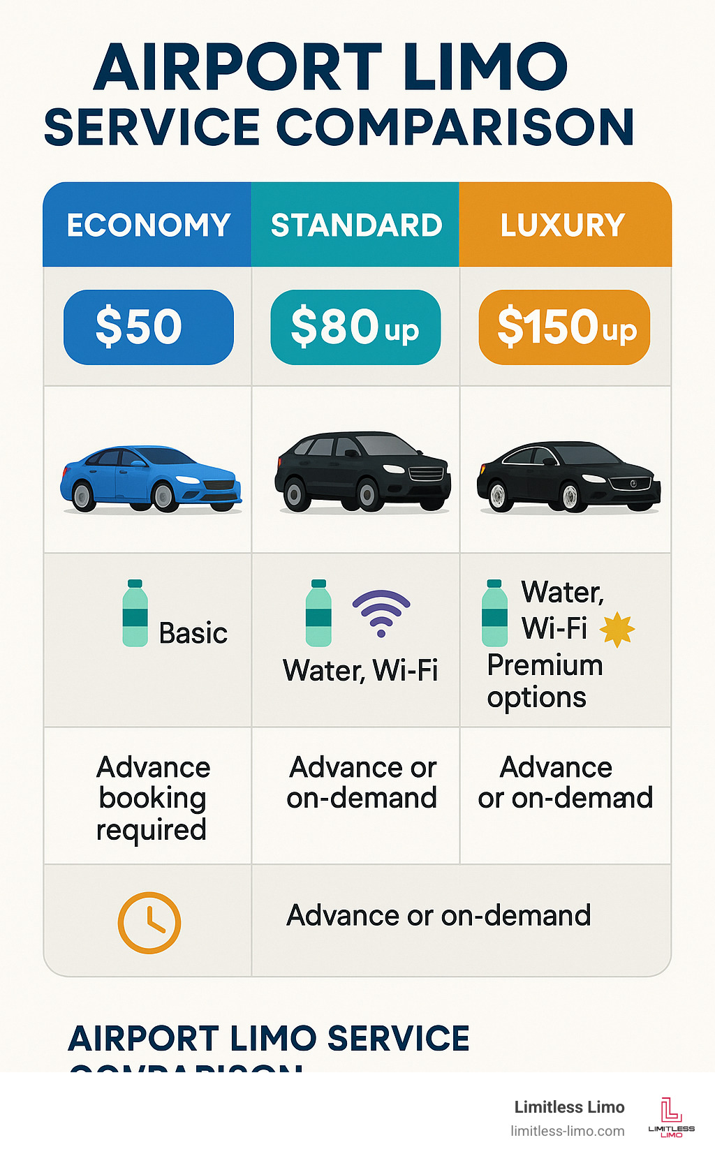 Airport Limo Service Comparison showing features of different service levels including economy, standard, and luxury with prices, vehicle types, amenities, and booking requirements - airport limo near me infographic Airport Limo Service Comparison showing features of different service levels including economy, standard, and luxury with prices, vehicle types, amenities, and booking requirements - airport limo near me infographic