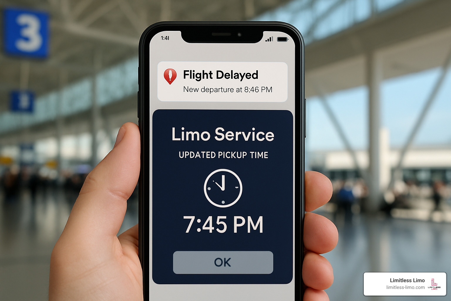 Flight delay notification on smartphone with limo service adjustment - airport limo near me Flight delay notification on smartphone with limo service adjustment - airport limo near me