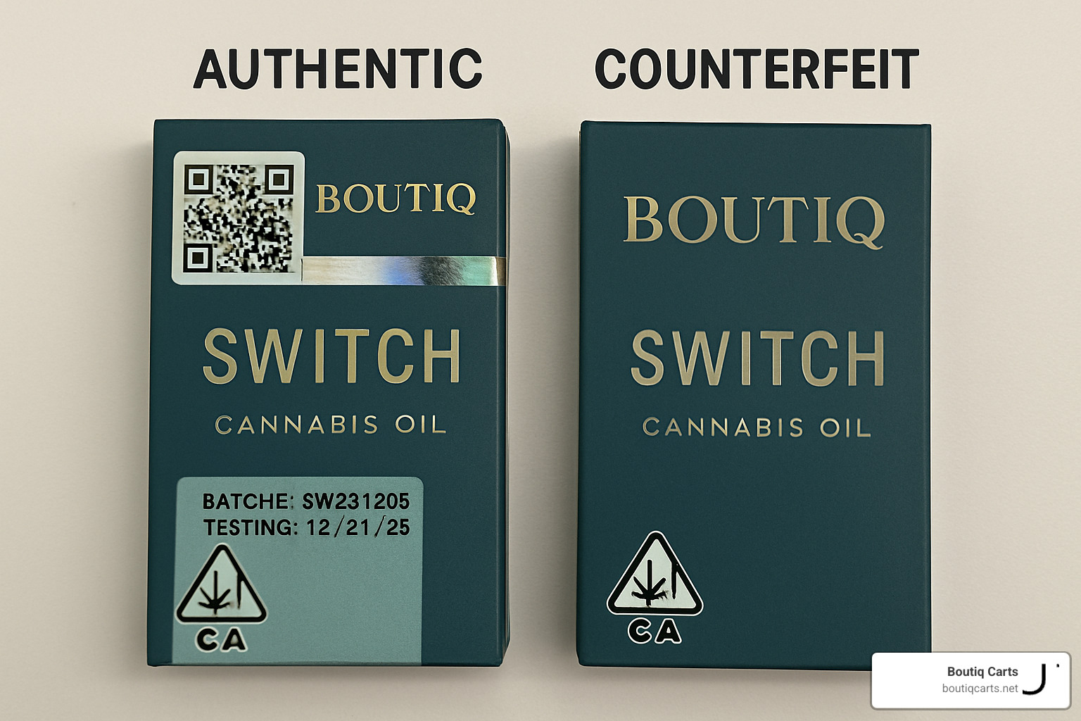 Authentic vs counterfeit Boutiq Switch cart packaging comparison - boutiq switch cart