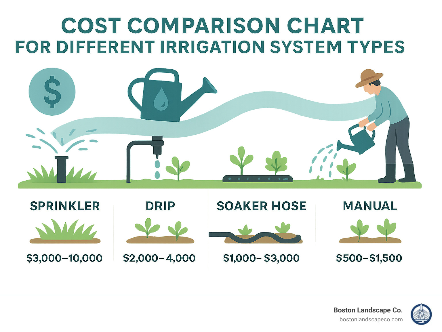 Cost comparison chart for different irrigation system types - irrigation system installation infographic 