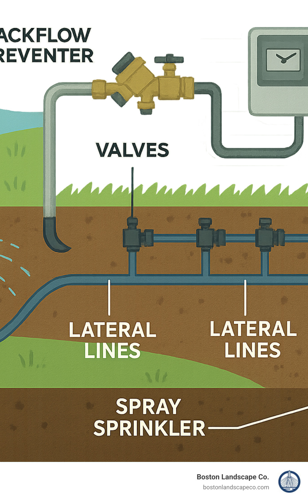 Diagram showing components of a professional irrigation system including water source, backflow preventer, controller, valves, mainline, lateral lines, and various sprinkler head types with coverage patterns - irrigation system installation infographic 