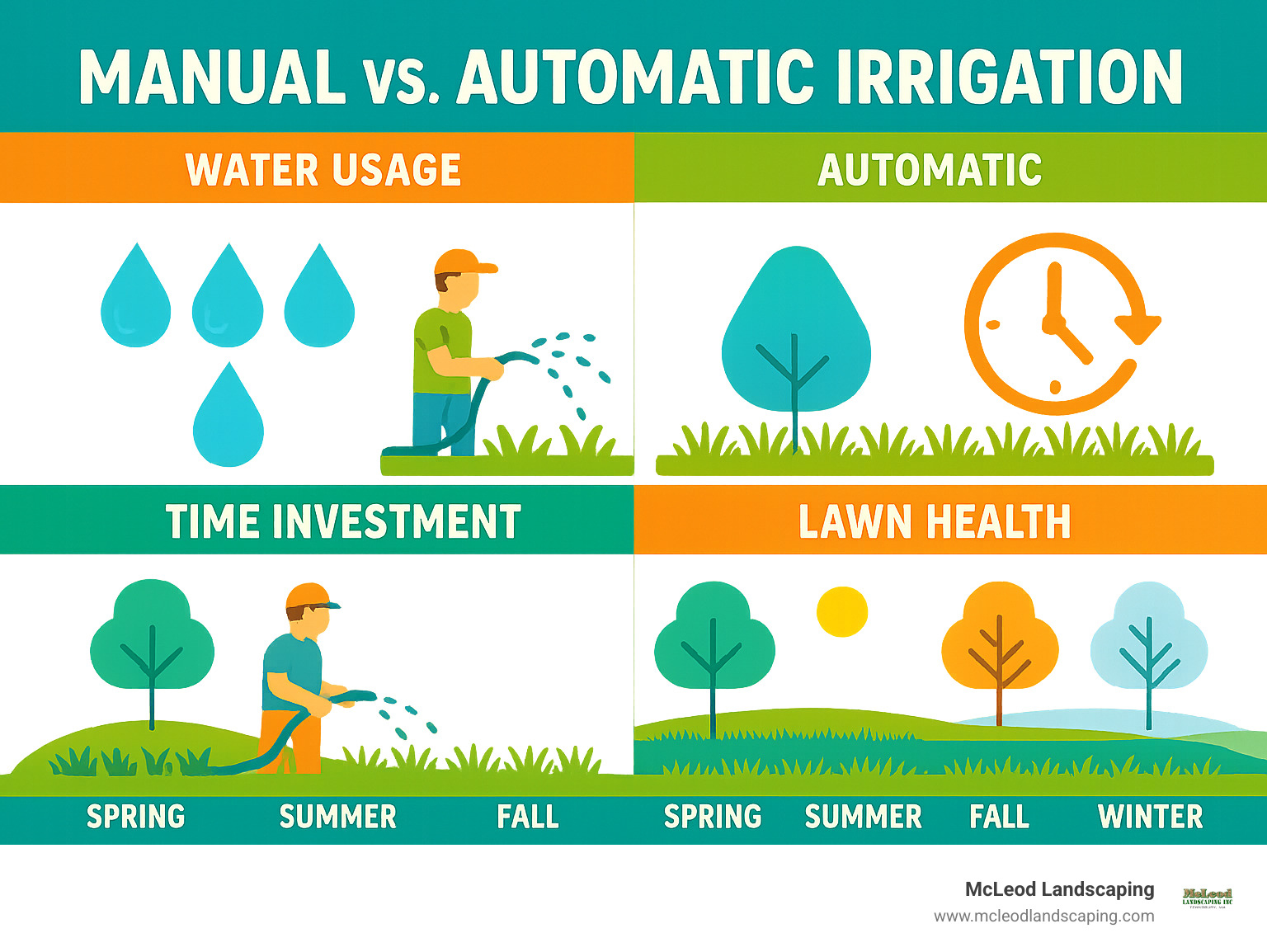 Comparison of manual vs automatic irrigation showing water usage, time investment, and lawn health benefits across different seasons - automatic lawn irrigation system infographic 