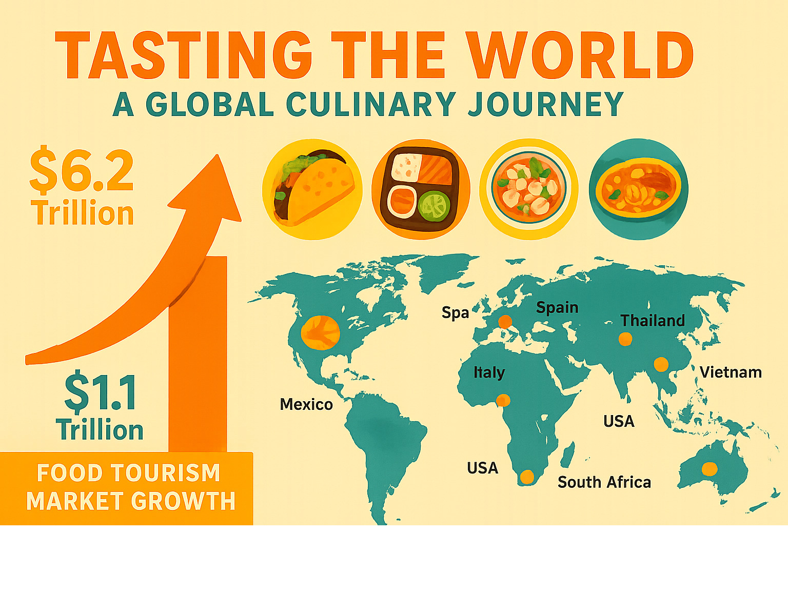Infographic showing food tourism market growth from $1.1 trillion in 2023 to projected $6.2 trillion by 2033, with icons of popular global dishes and a map highlighting the top 10 food tourism destinations - Best food tourism destinations infographic 