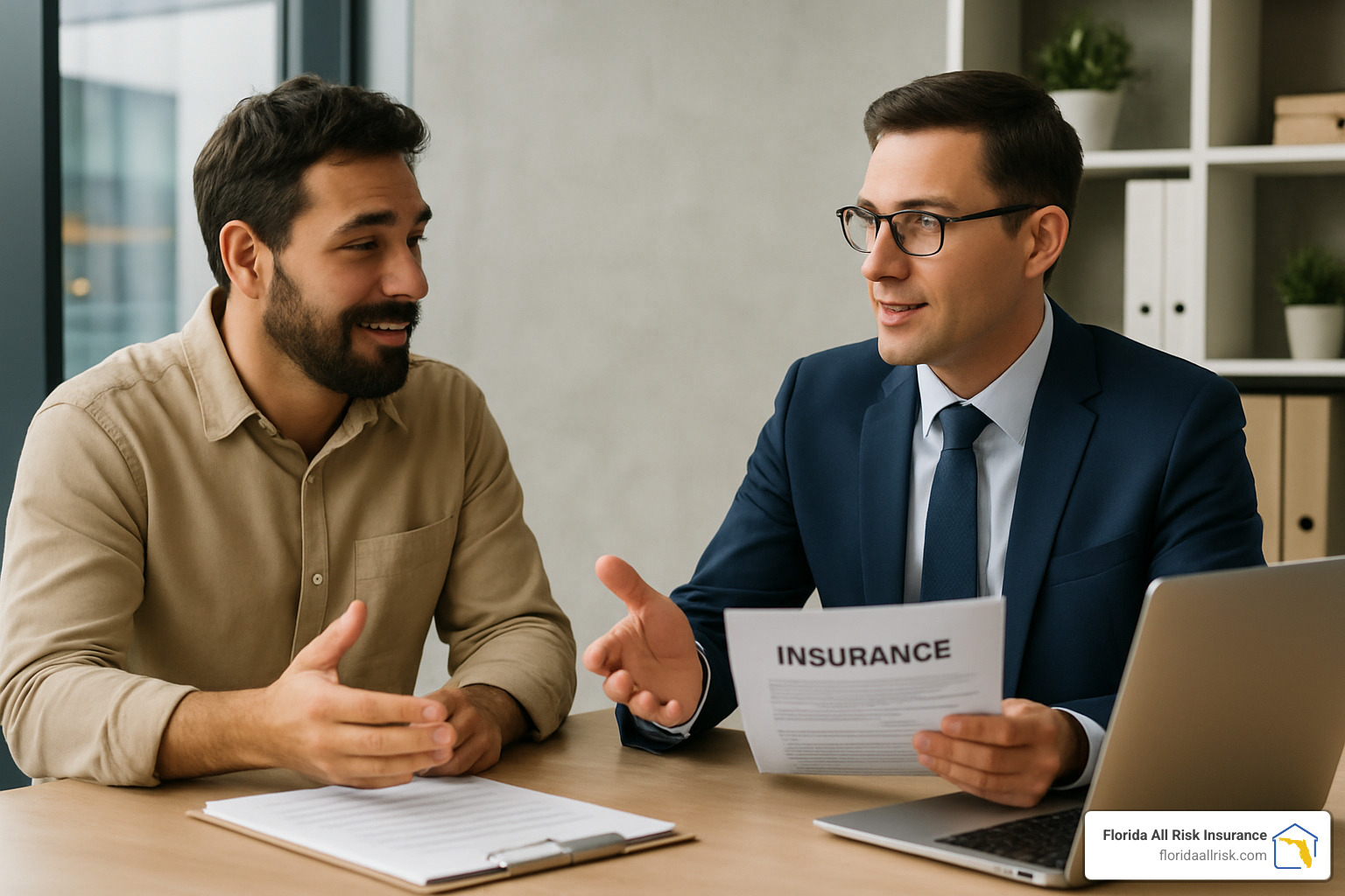 small business owner consulting with insurance agent - best small business property insurance