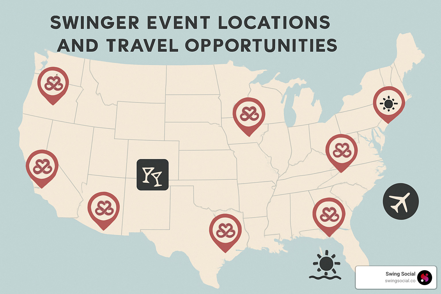 Map showing event locations and travel opportunities - swinger website