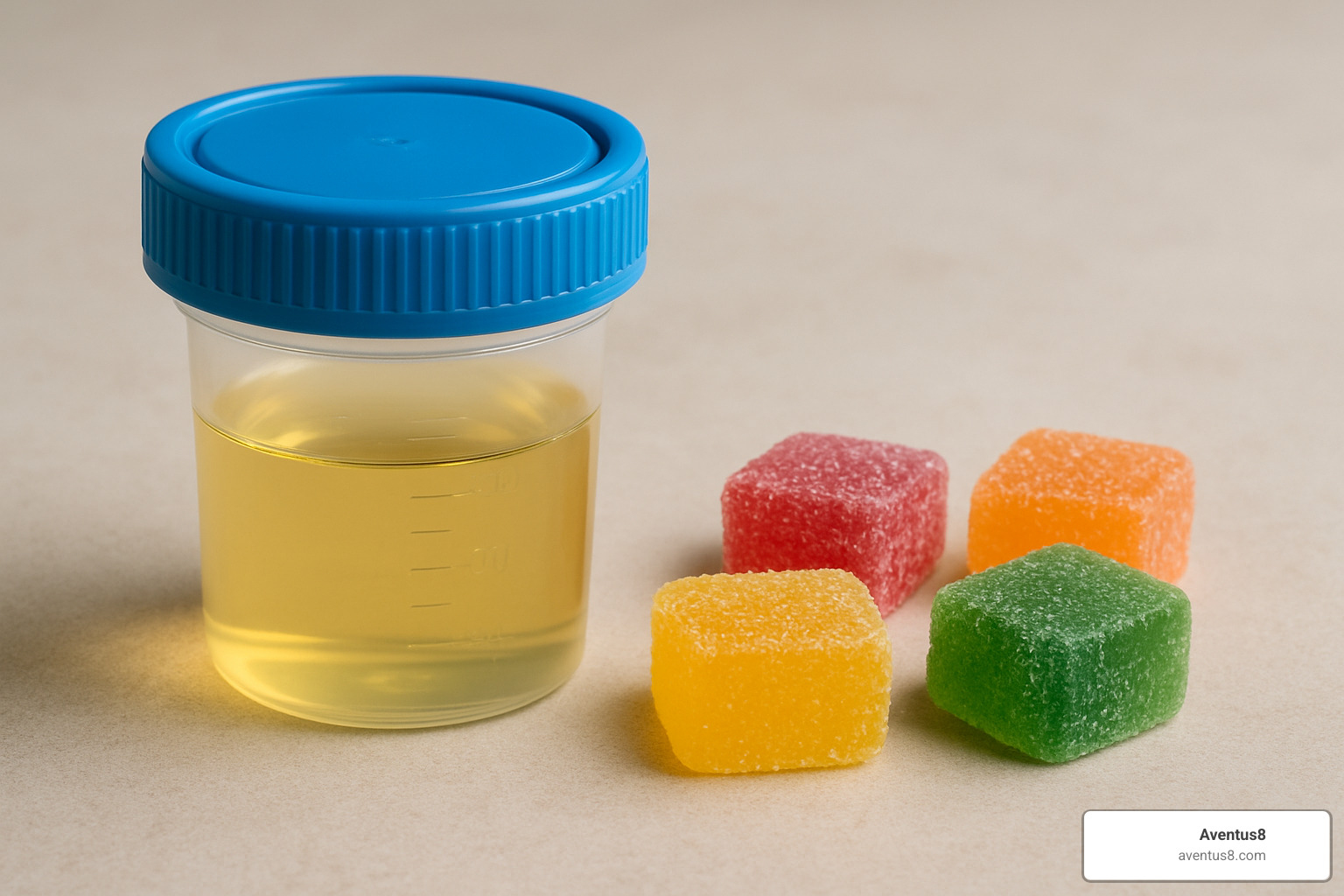 urine test cup beside gummies - delta 9 vs CBD